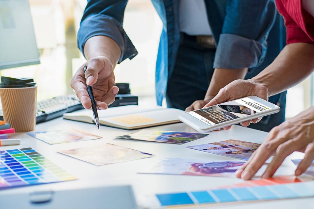 Discussing imagery and colours at a brand meeting