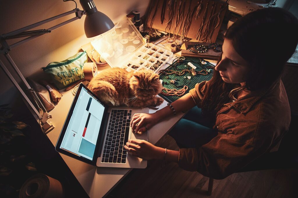 Remote working from home with ginger cat helping her on laptop